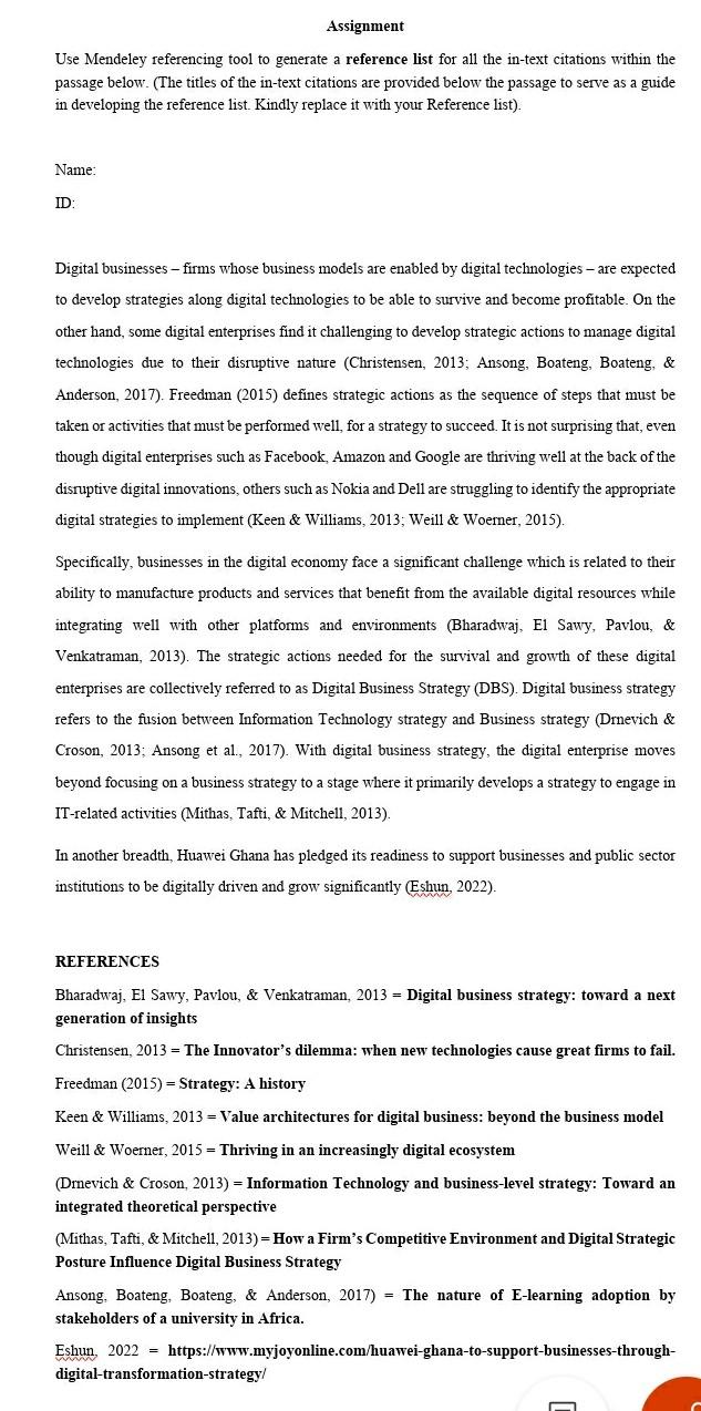  Assignment Use Mendeley referencing tool to generate a reference list for
