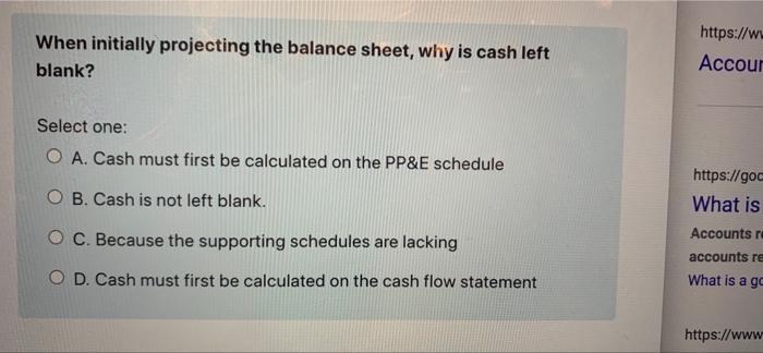  When initially projecting the balance sheet, why is cash left blank?