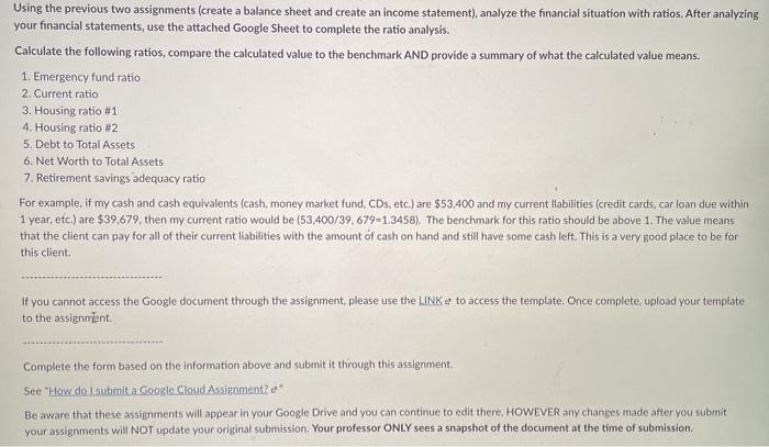 Using the previous two assignments (create a balance sheet and create