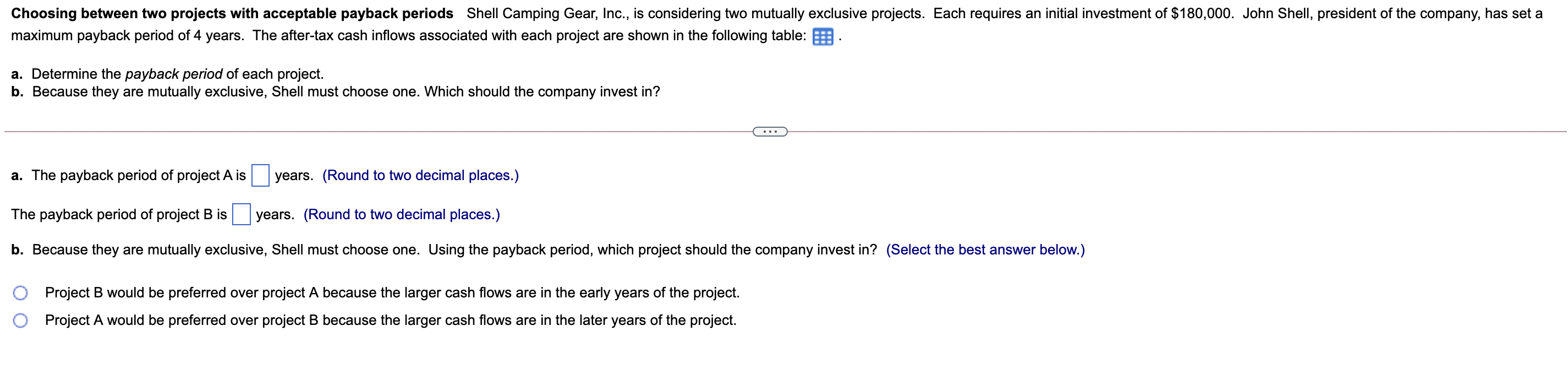  Choosing between two projects with acceptable payback periods Shell Camping Gear,