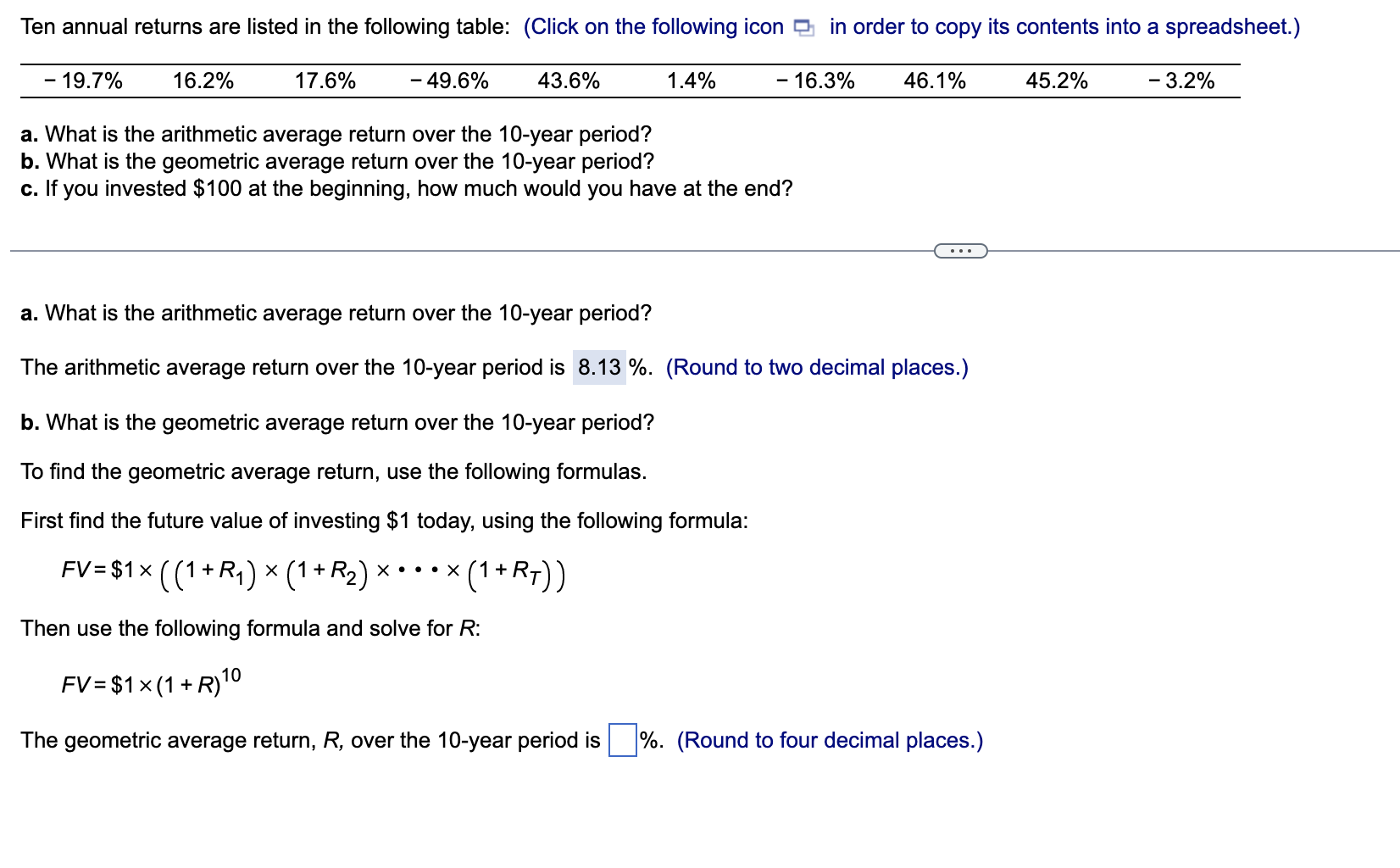  a. What is the arithmetic average return over the 10 -year