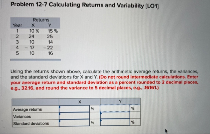  Problem 12-7 Calculating Returns and Variability (LO1 Y Year 1 2