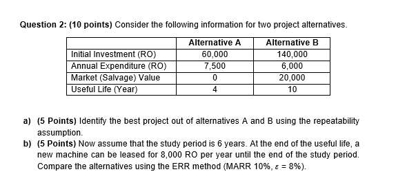 Question 2: (10 points) Consider the following information for two project