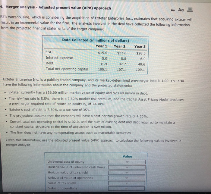  4. Merger analysis - Adjusted present value (APV) approach Aa Aa