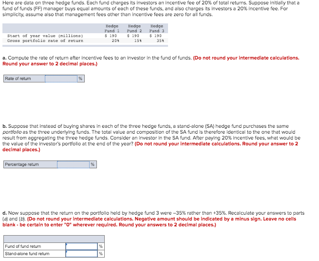 Here are data on three hedge funds. Each fund charges its