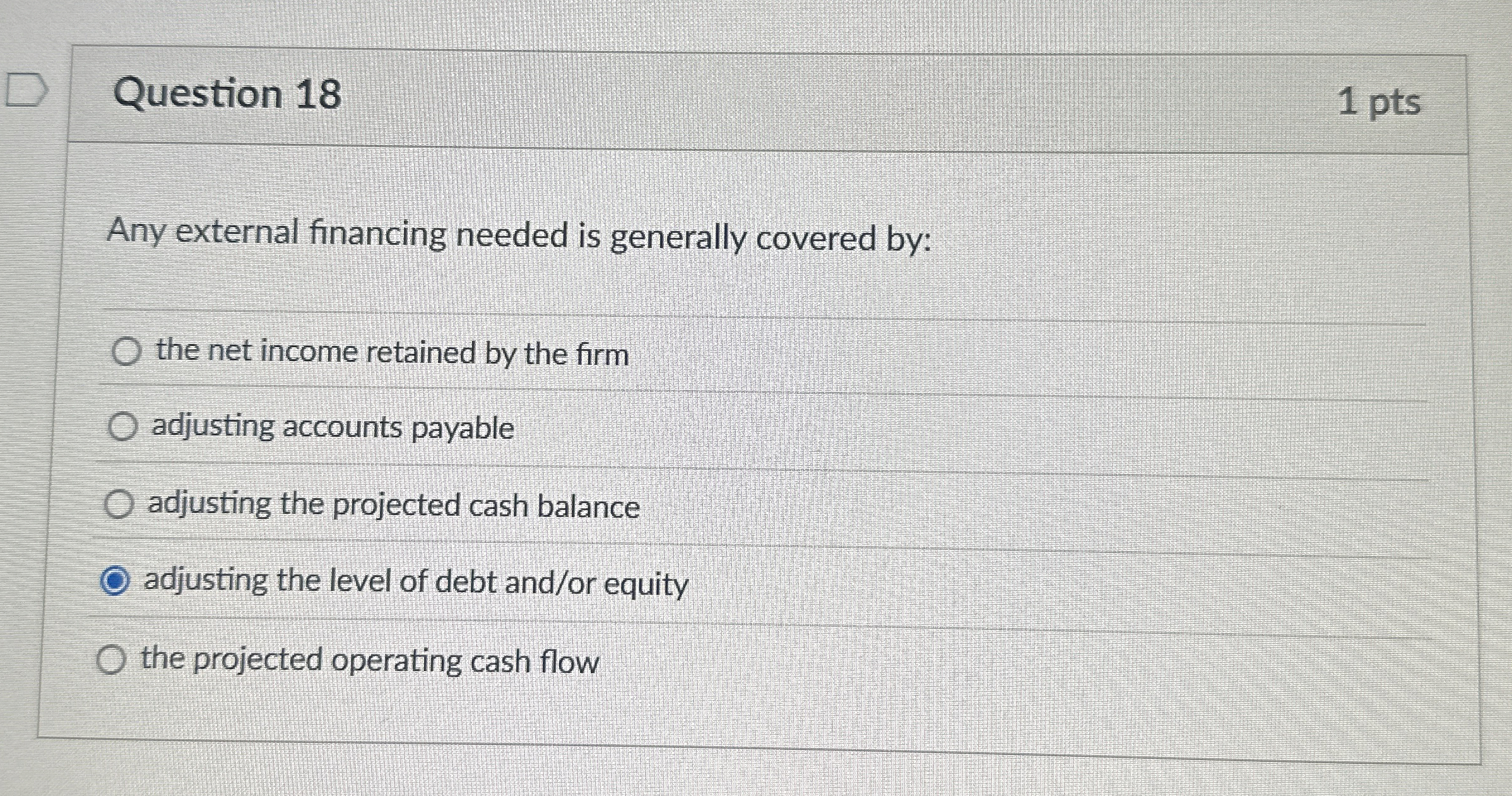  Question 18 Any external financing needed is generally covered by: the