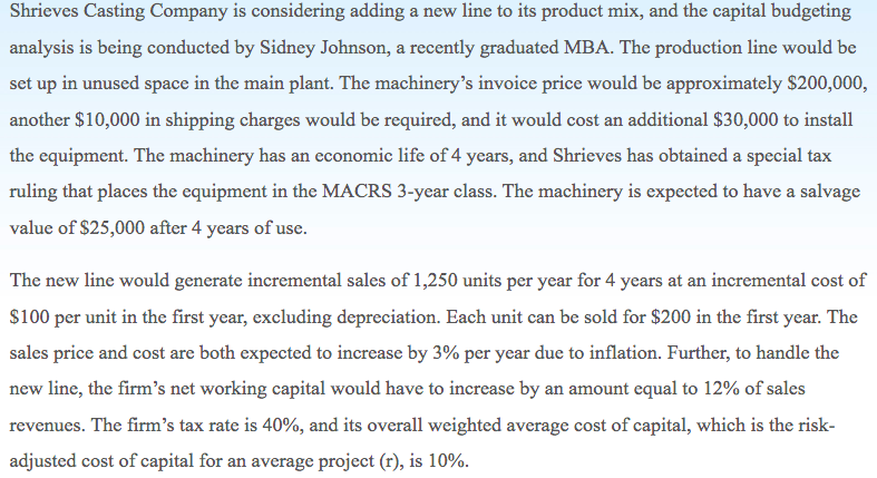 Shrieves Casting Company is considering adding a new line to its