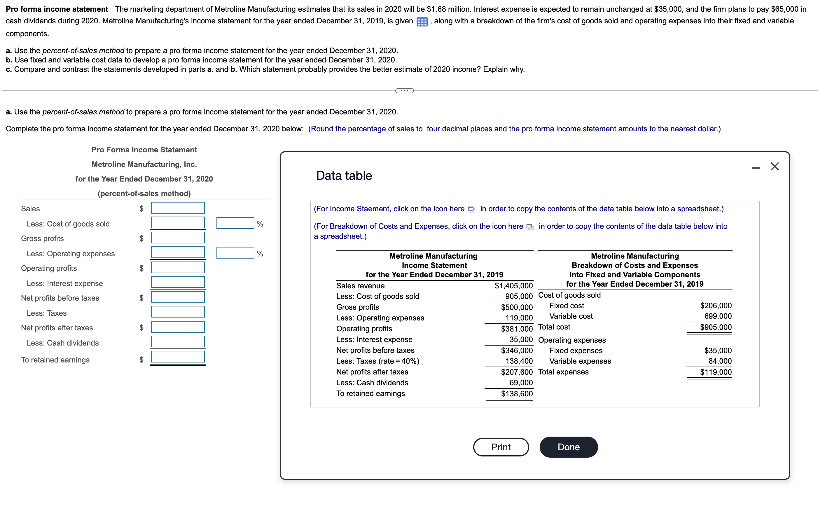 answer everything pls components. a. Use the percent-of-sales method to prepare a