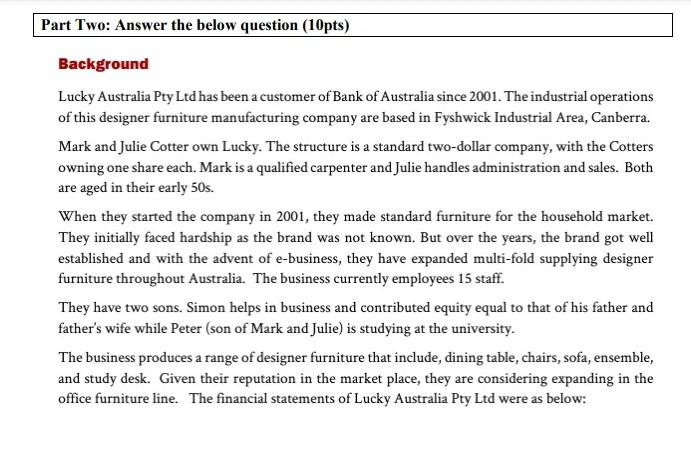 Part Two: Answer the below question (10pts) Background Lucky Australia Pty