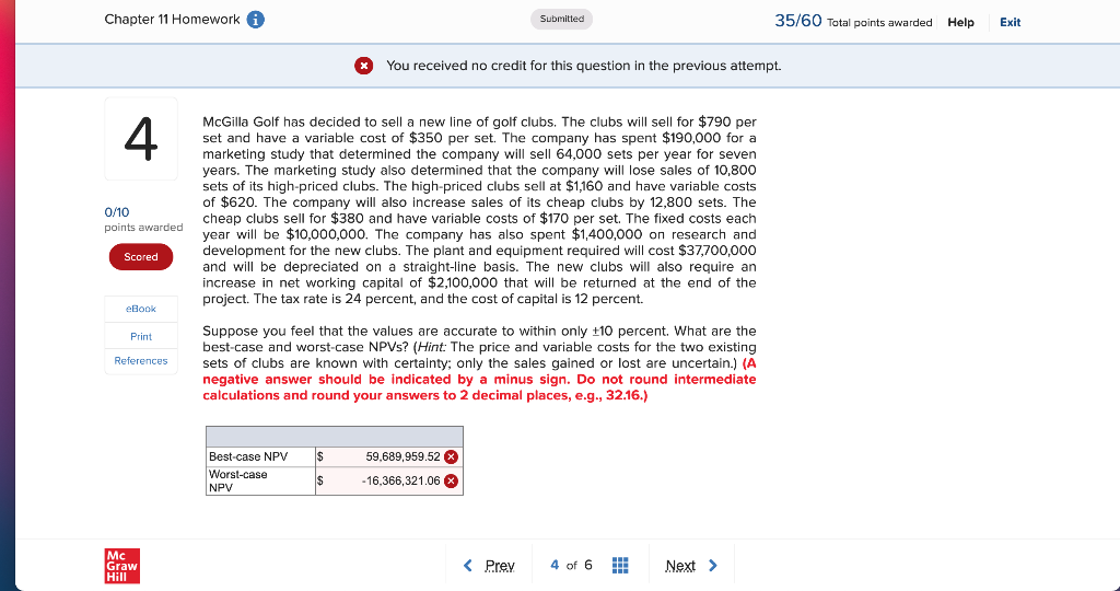 Chapter 11 Homework Submitted 35/60 Total points awarded Help Exit You