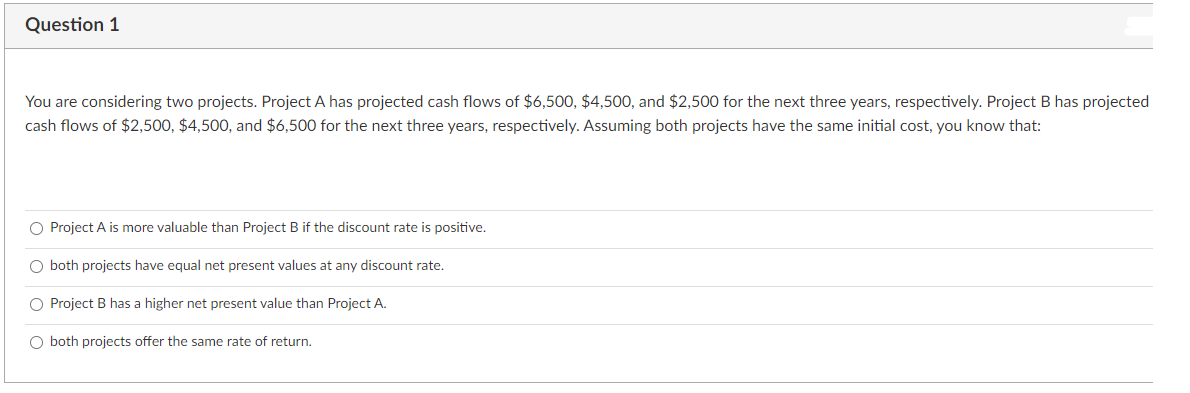 Question 3 Question 1 You are considering two projects. Project A