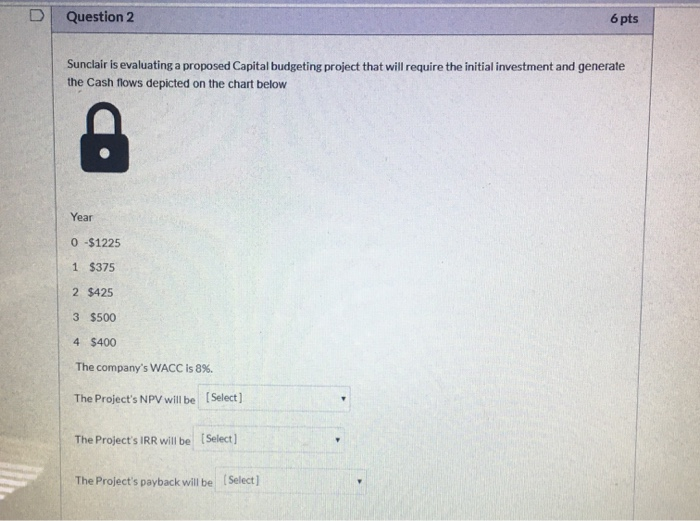 help!! Question 2 6 pts Sunclair is evaluating a proposed Capital budgeting