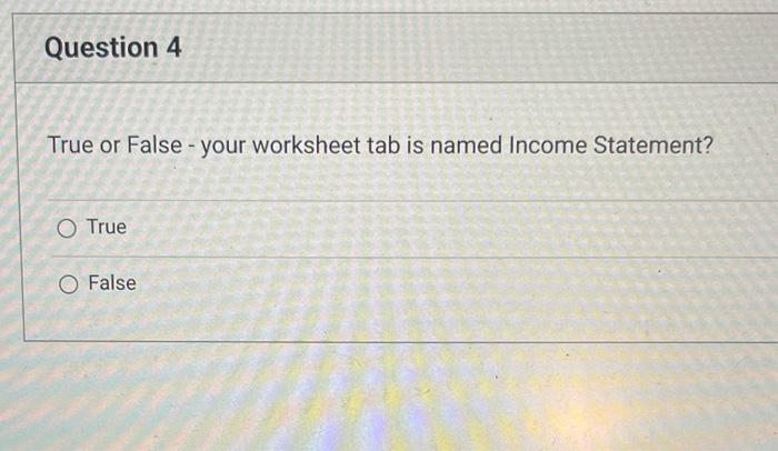  Question 4 True or False - your worksheet tab is named