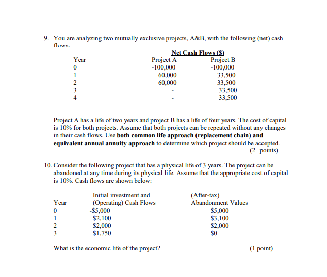 9. You are analyzing two mutually exclusive projects, A&B, with the