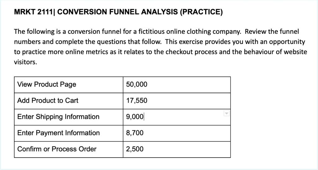  MRKT 2111| CONVERSION FUNNEL ANALYSIS (PRACTICE) The following is a conversion