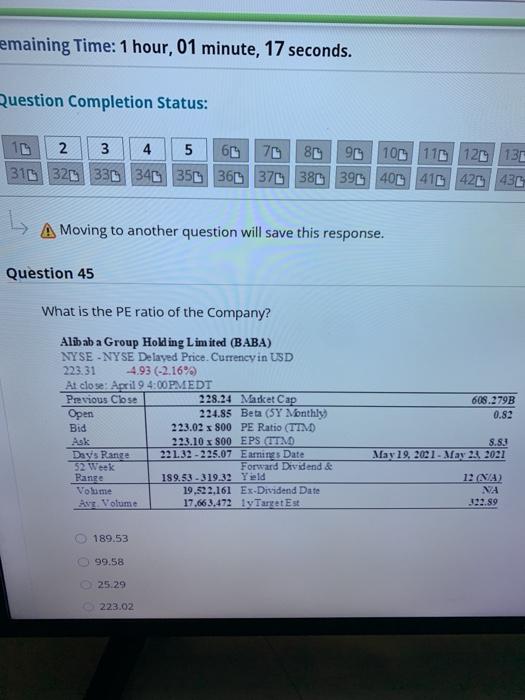  emaining Time: 1 hour, 01 minute, 17 seconds. Question Completion Status: