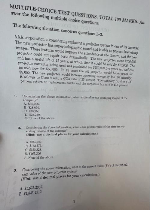 MULTIPLE-CHOICE TEST QUESTIONS. TOTAL 100 MARKS. Answer the following multiple choice