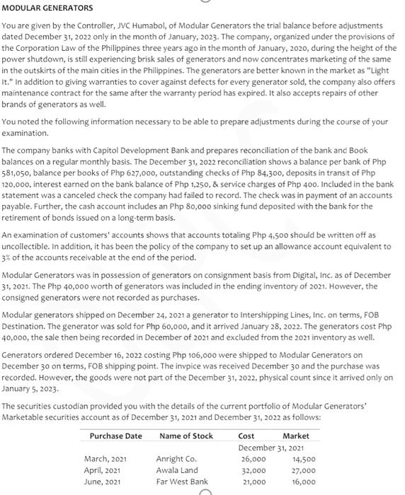  please help me answer my assignment.. MODULAR GENERATORS You are given