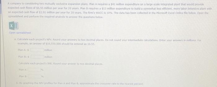  A company is considering two mutually coedusive expansion plans Plan Arequires