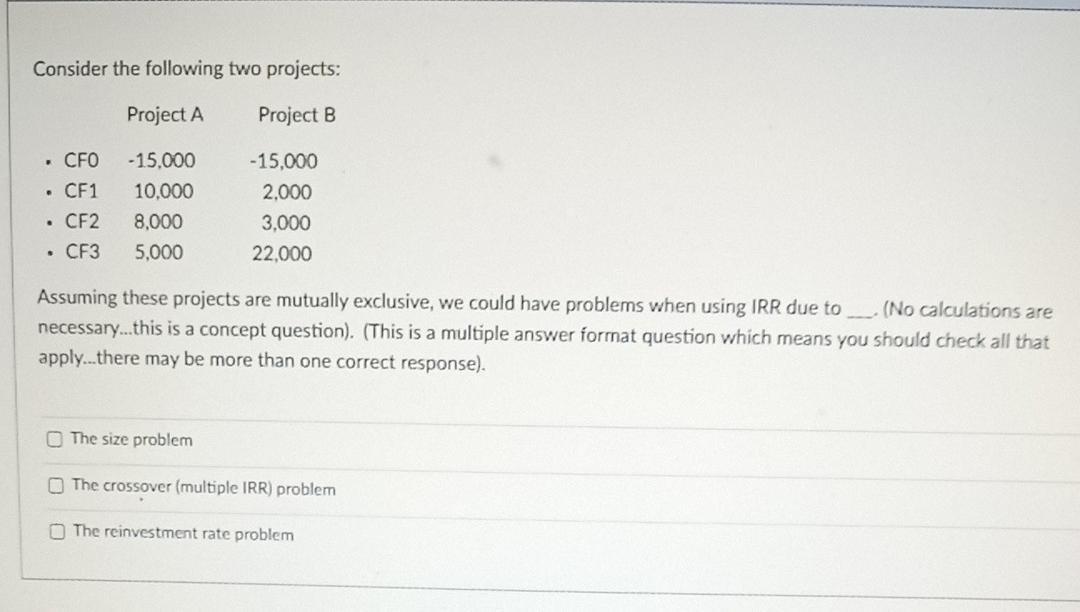  Consider the following two projects: Project A Project B CFO CF1