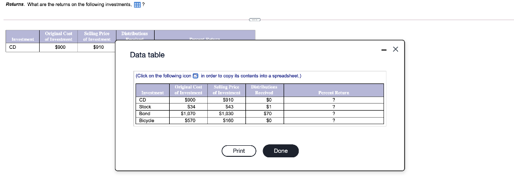 Answer all please, will thumbs up Returns. What are the returns on