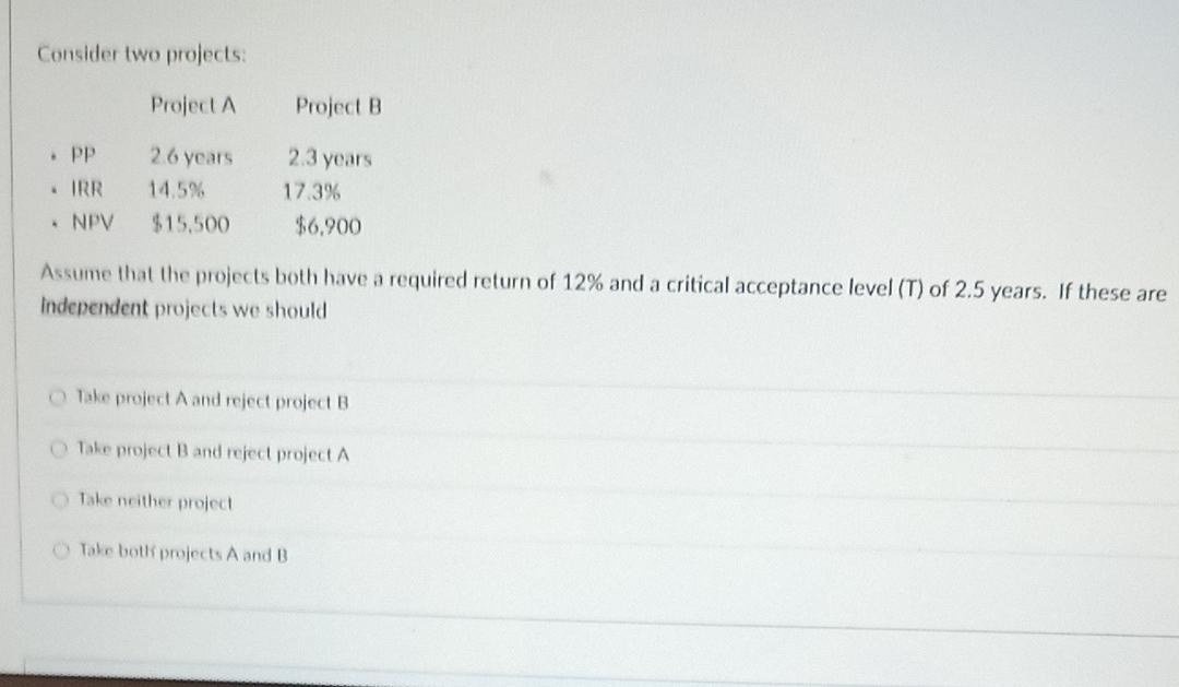 Consider two projects: Project Project B PP IRR * NPV 26