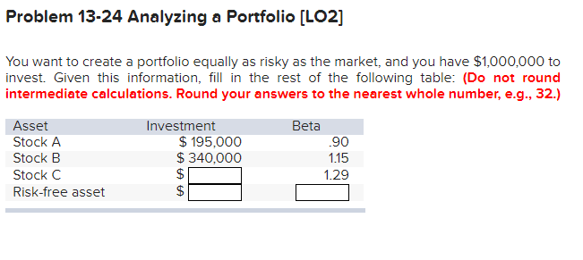  Problem 13-24 Analyzing a Portfolio [LO2] You want to create a