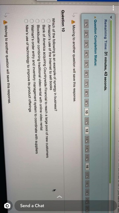  Remaining Time: 31 minutes, 43 seconds. Question Completion Status: 10 20