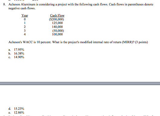 explain please. 8. Acheson Aluminum is considering a project with the following