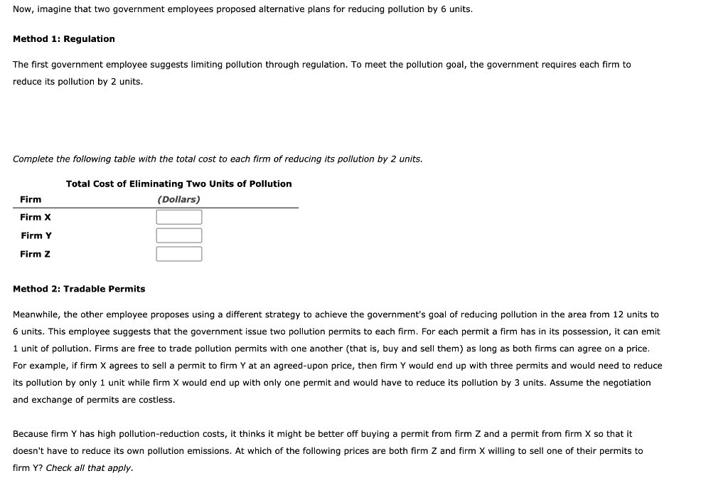 government wants to reduce the total pollution emitted by three local firms.
