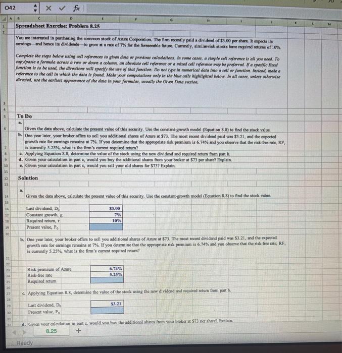  042 A 1 2 Spreadsheet Exercise: Problem 8.25 You are interested