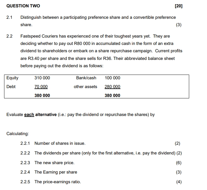  QUESTION TWO 2.1 Distinguish between a participating preference share and a