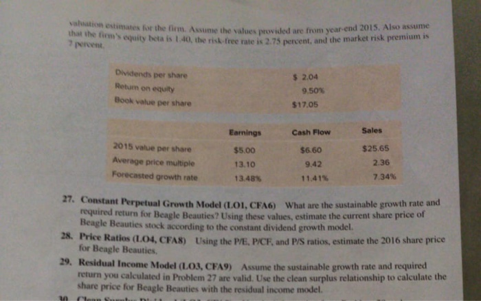 problem 29 on estimates for the firm. Assume the values provided are