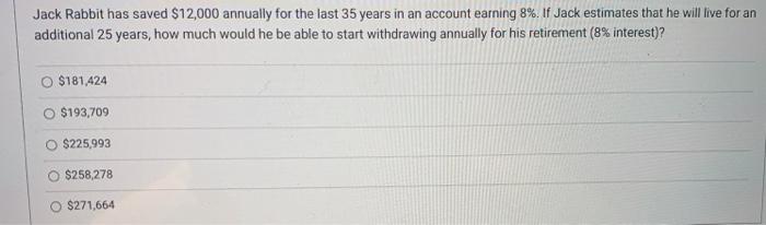  Jack Rabbit has saved $12,000 annually for the last 35 years