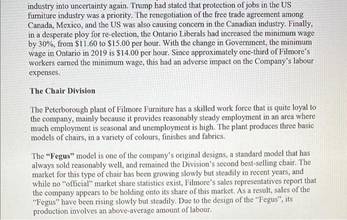 Filmore, owner of the Filmore Furniture Company, has grown increasingly concerned over