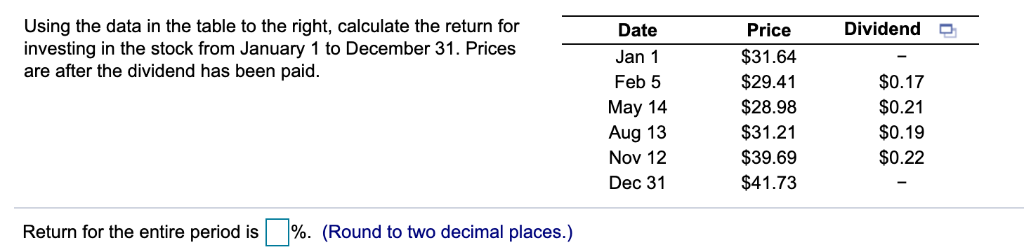 Dividend O Using the data in the table to the right,