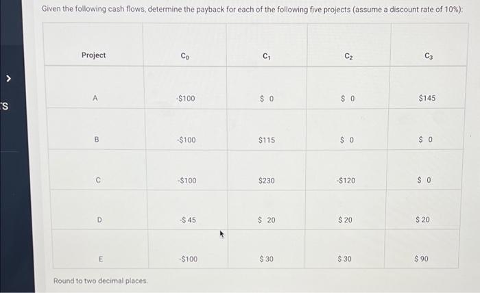  Given the following cash flows, determine the payback for each of
