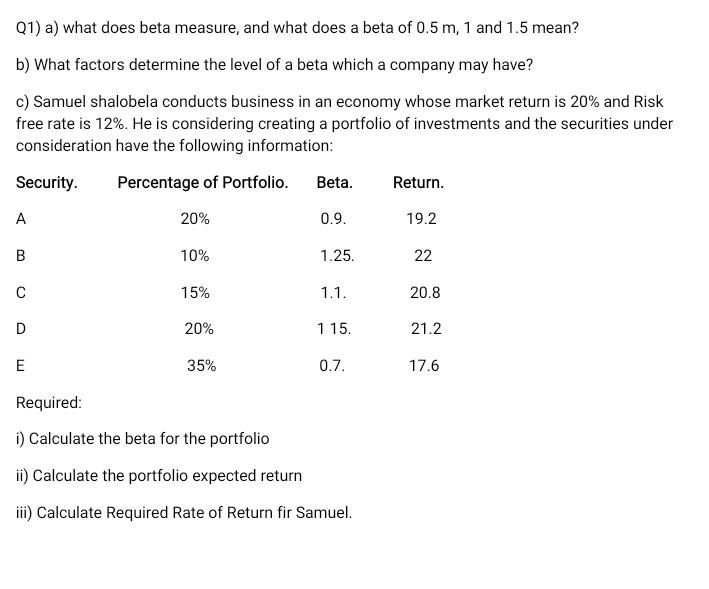  Q1) a) what does beta measure, and what does a beta