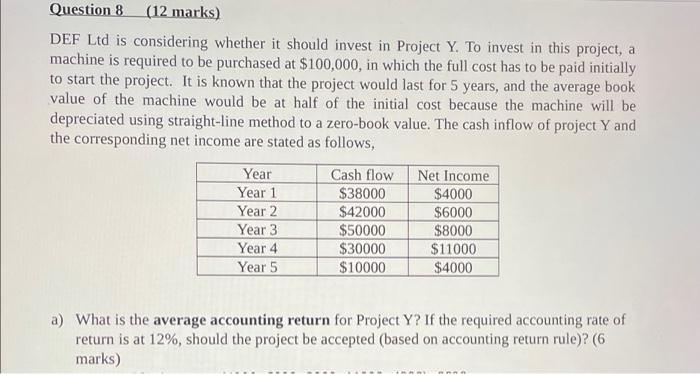  Question 8 (12 marks) DEF Ltd is considering whether it should