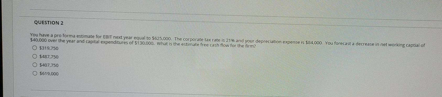  QUESTION 2 You have a pro forma estimate for EBIT next