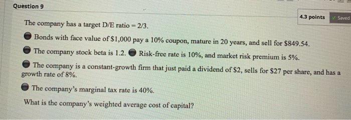 D/E ratio - 2/3. Bonds with face value of $1,000 pay a
