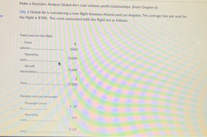  Make a Decision: Analyze Global Air's cost-volume-profit relationships. (from Chapter 6)
