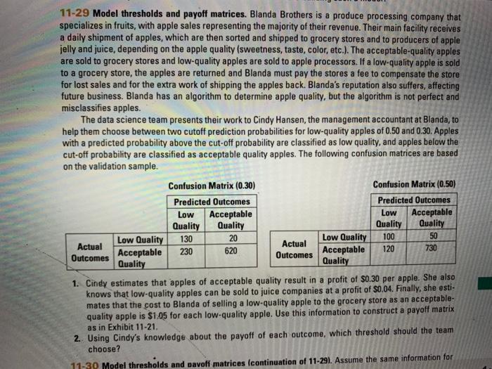 Please see question below about model thresholds and payoff matrices. Horngren's Cost