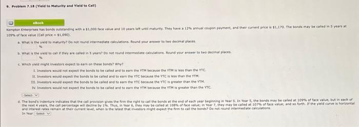  .. Problem 7. (Vield to Maturity and Yield to Call ook