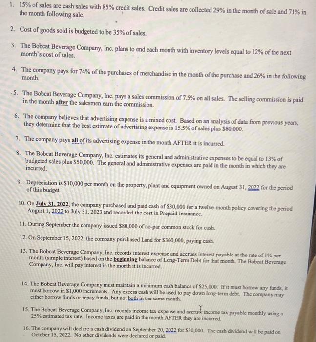 Company, Inc., comprehensive budget for September 2022 and October 2022. Your budget