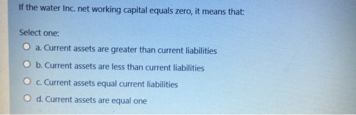  If the water Inc. net working capital equals zero, it means