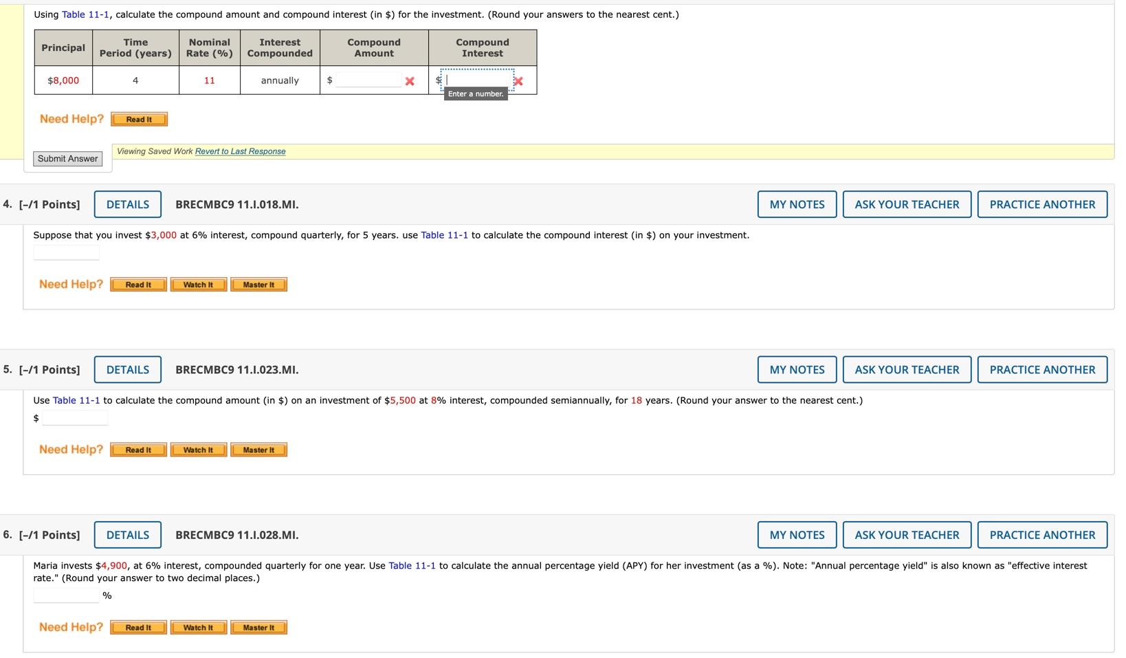  Using Table 11-1, calculate the compound amount and compound interest (in