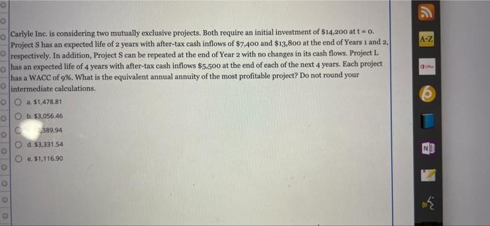  O O Carlyle Inc. is considering two mutually exclusive projects. Both
