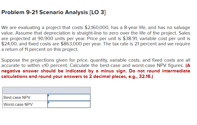 Problem 9-21 Scenario Analysis (LO 3] We are evaluating a project