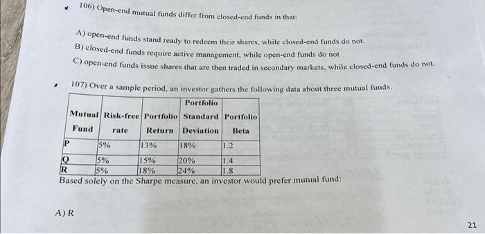 With solutions please 106) Open-end mutual funds differ from elosed-end funds in
